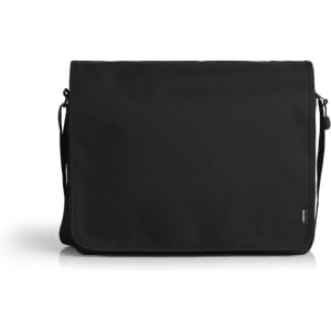 A black recycled messenger bag with a flap closure and an adjustable shoulder strap, featuring a logo.