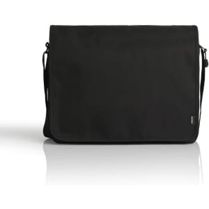 A black recycled messenger bag with a sleek design and an adjustable shoulder strap. Features a logo on the side.