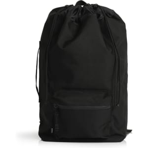 A black recycled rucksack with a drawstring closure and a front zip pocket. It features a logo.