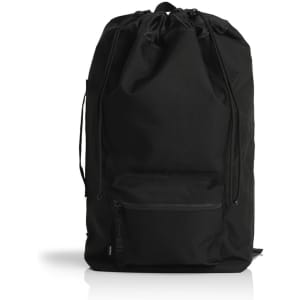 A black recycled rucksack featuring a drawstring closure and a front zip pocket, with a brand logo.