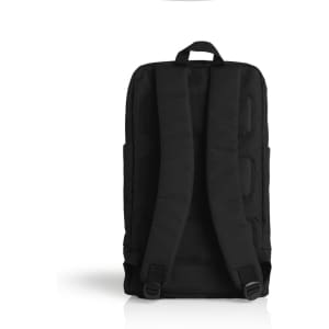 A black recycled travel backpack features mesh straps and a logo on the back.