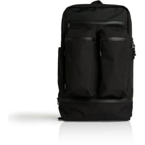 A black recycled travel backpack with multiple zippered pockets and a sleek design. It features a logo.