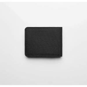 A black recycled fold wallet with a textured surface and a logo.