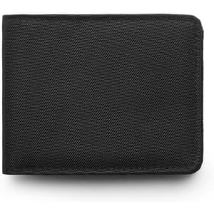 A black recycled fold wallet with a textured surface and a logo on the front.
