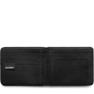 A black recycled fold wallet featuring multiple card slots and a transparent ID pocket, with a logo on the side.