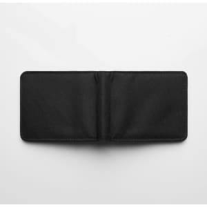 A black recycled fold wallet displayed open, featuring a textured surface and an interior without visible compartments.