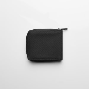 A black zip wallet with a textured surface, featuring a zip closure and a logo.