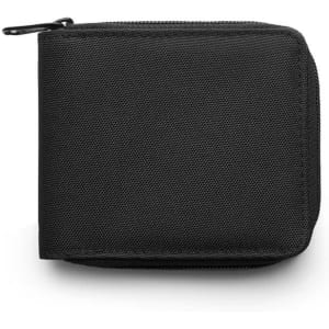 A black recycled zip wallet with a textured surface and a zip closure. It features a logo on the front.
