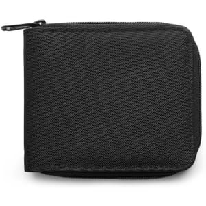 A black recycled zip wallet with a textured surface and a zip closure, featuring a logo on one side.