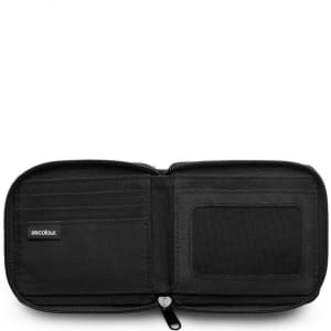 A black recycled zip wallet featuring multiple card slots and a transparent ID window, with a branding logo.