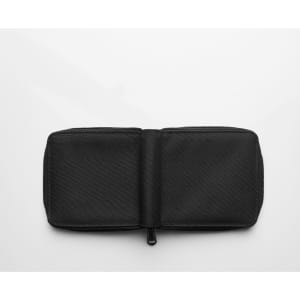 A black recycled zip wallet with a textured exterior, showcasing its open design and interior compartments.