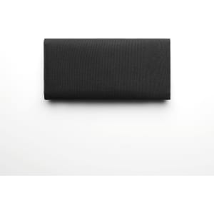 A black recycled long wallet with a simple design and a branding logo.
