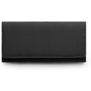 A black recycled long wallet with a sleek, fold-over design and a logo.