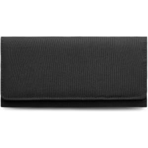 A black recycled long wallet with a sleek design and subtle texture, featuring a logo on the front.