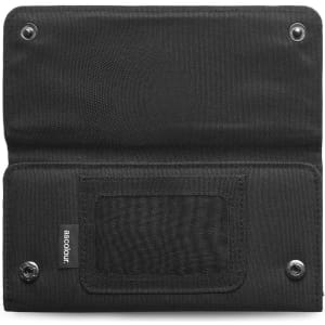 A black recycled long wallet with snap closures and a clear ID window, featuring a logo.