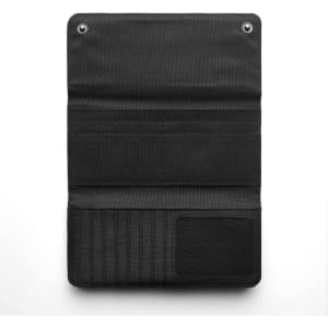A black recycled long wallet with multiple card slots and a transparent ID pocket. It features a logo.