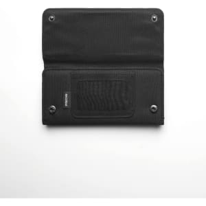 A black recycled long wallet with a snap closure, featuring a clear mesh section and a logo.