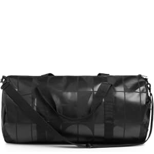 A black duffel bag with an area pattern design, featuring dual handles and a detachable shoulder strap.
