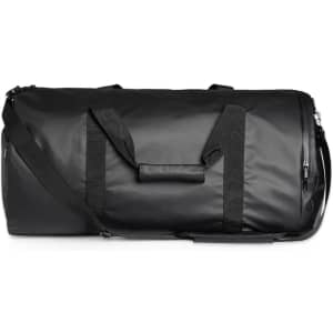 A black duffel bag with dual handles and an adjustable strap, featuring a logo on the side.