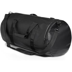 A black duffel bag with sturdy handles and an adjustable shoulder strap, featuring a logo.