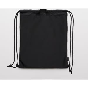 A black drawstring bag with a simple design and a logo on the side, featuring two drawstrings for closure.