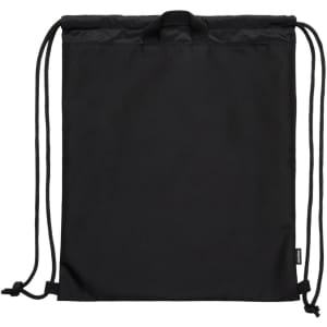 A black drawstring gear bag with two drawstrings and a small loop at the top, featuring a logo.