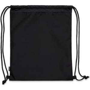 A black drawstring bag made from recycled materials, featuring a logo and adjustable cords.