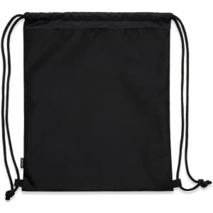 A black drawstring bag with two cords, featuring a logo on the front. Made from recycled materials.