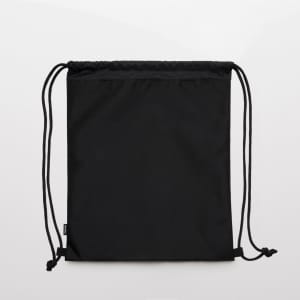 A black recycled gear bag with drawstring closure and side toggles, featuring a logo.