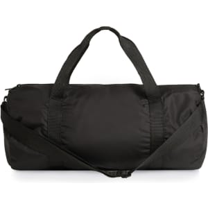 A black recycled light duffel bag with dual handles and a detachable shoulder strap, featuring a logo.