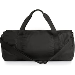 A black recycled light duffel bag with two handles and a shoulder strap, featuring a logo.