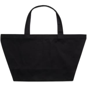 A black oversized tote bag with dual handles and a simple design. It features a logo on the front.