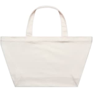 A large, cream-coloured tote bag with two handles and a logo on the front.