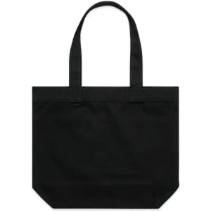 A black tote bag with two handles and a simple design. It features a logo on the surface.