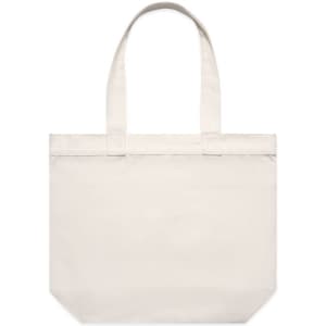 A plain cream tote bag with two long handles and a rectangular shape, featuring a minimalistic design.