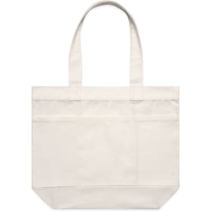 A cream-coloured tote bag with two handles and a front pocket, featuring a logo.