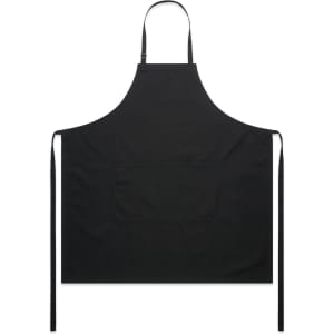 A black canvas apron with a large front pocket and adjustable straps. It features a logo on the fabric.