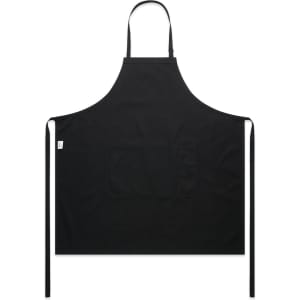 A black canvas apron featuring a front pocket and ties at the waist. It has a logo in the design.