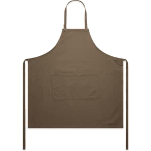 A brown canvas apron featuring a front pocket and adjustable ties at the neck and sides.
