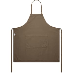 A brown canvas apron featuring a front pocket and neck ties. The apron has a branding label.