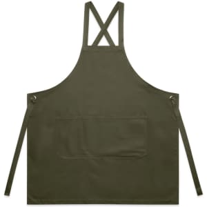 A solid olive green apron with cross-back straps and a front pocket. Features eyelets and ties for secure fastening.