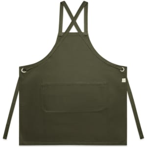A dark green apron featuring cross-back straps and a front pocket, with a logo on the side.
