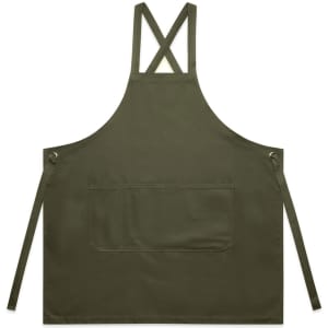 A dark green apron with cross-back straps and a front pocket, featuring a logo.
