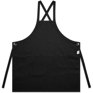 A black apron featuring a double strap design and a front pocket, with a logo on one side.