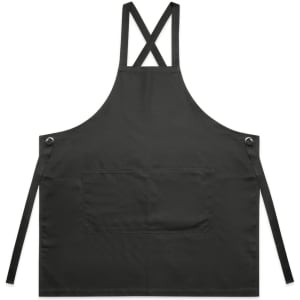 A black apron with a cross-back design and a front pocket, featuring adjustable ties on the sides.