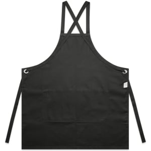 A black apron featuring cross-back straps and a front pocket, with eyelet detailing and branding.