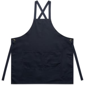 A navy blue apron with a pocket, featuring adjustable straps and a branding logo.
