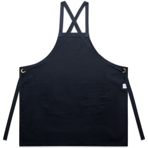 A black apron featuring crossed straps and a large front pocket, with eyelets and ties for fastening.