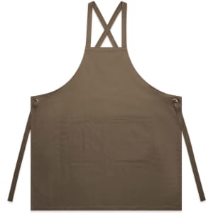 A brown apron featuring cross-back straps and a front pocket, equipped with tie straps.