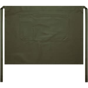 A green half apron with a large back pocket and long ties. The apron features a simple, solid design.